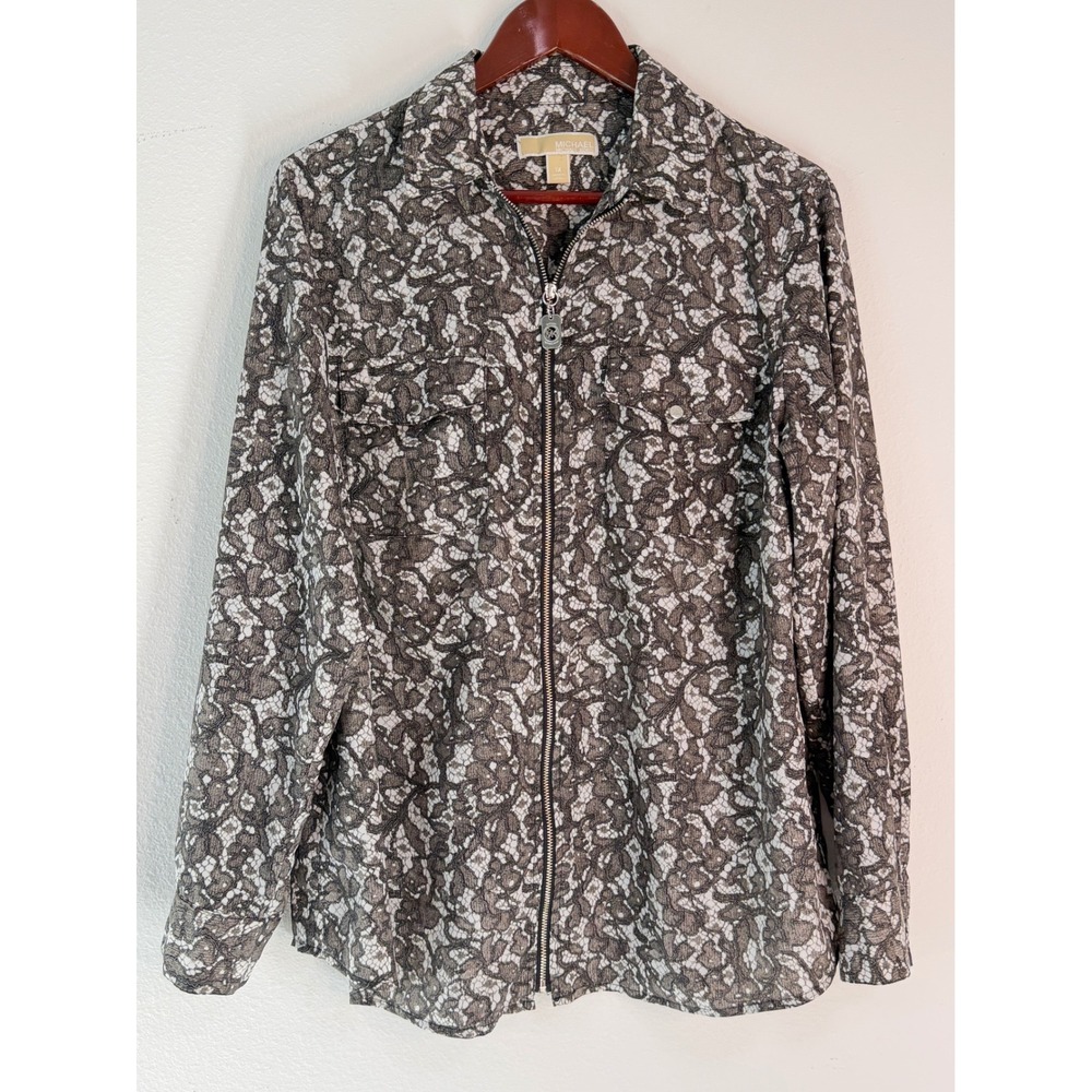 Michael Kors Zip Front Jacket Lace Print Gray Lightweight Utility Streetwear